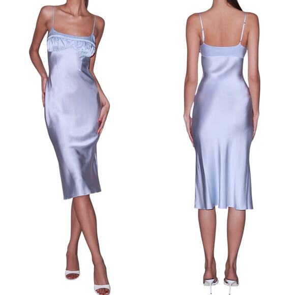 Fleur du Mal Dresses & Skirts - Fleur Du Mal, NWT Women’s Ruched Bust Dress in Cloud, Satin Midi - Blue, Medium
